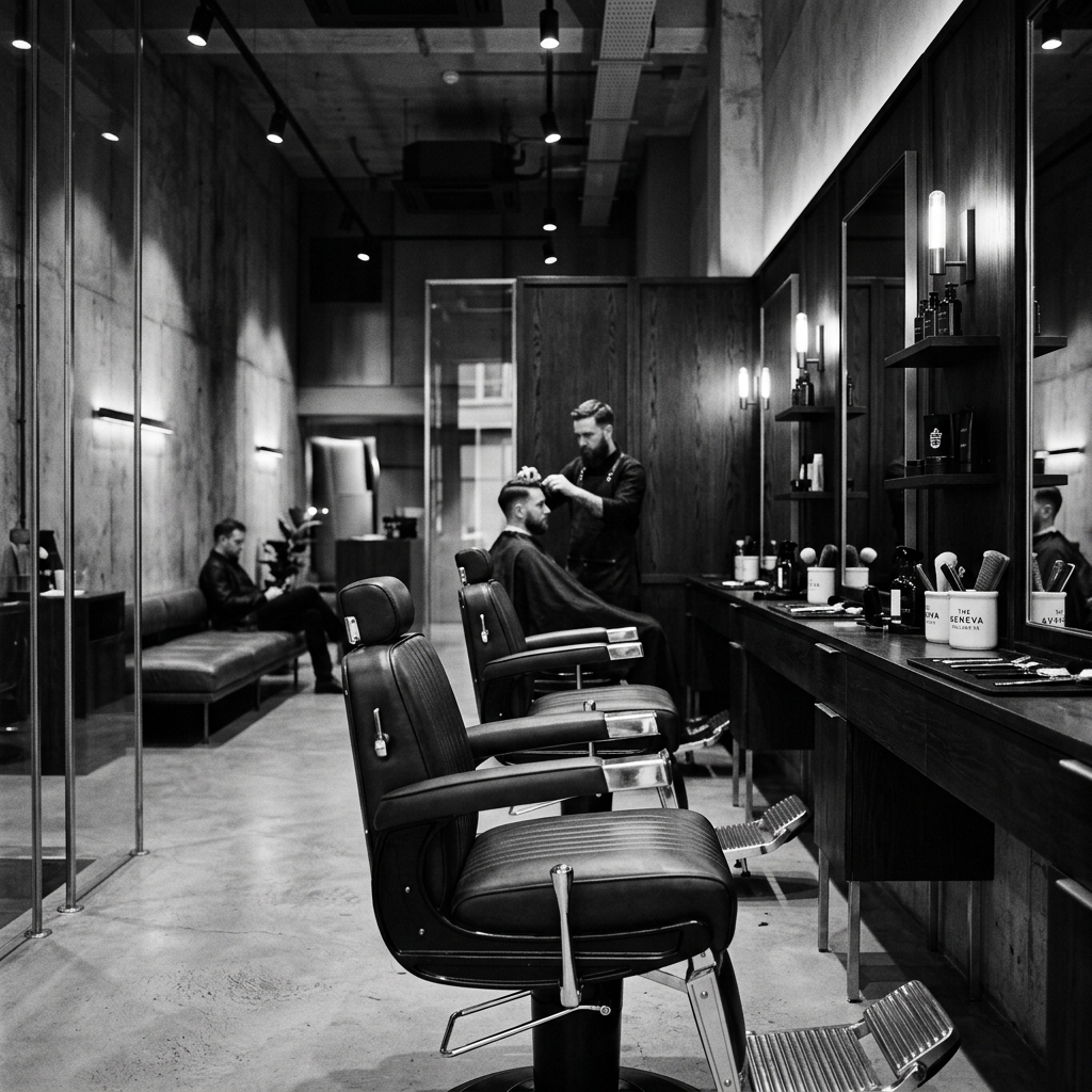 Interior moderno e sofisticado da Barbearia Matilha